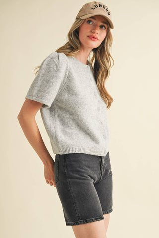 Puff Short Sleeve Cardigan Sweater in Grey