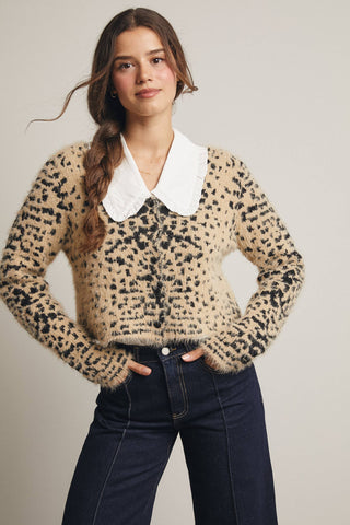 Fuzzy Leopard Button-Up Cardigan in Taupe