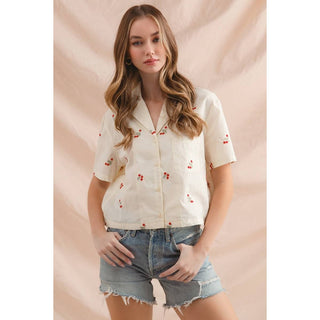 Floral Embroidered Button Down in Cream