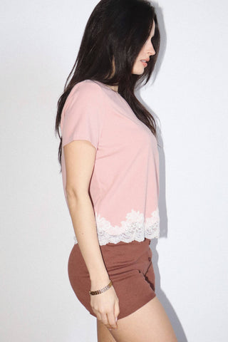 Lace Trim Tee in Dusty Rose
