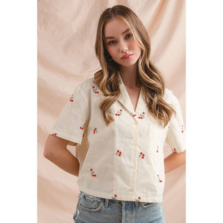 Floral Embroidered Button Down in Cream