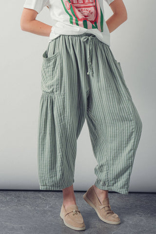 Striped Cotton Drawstring Harem Pants in Sage