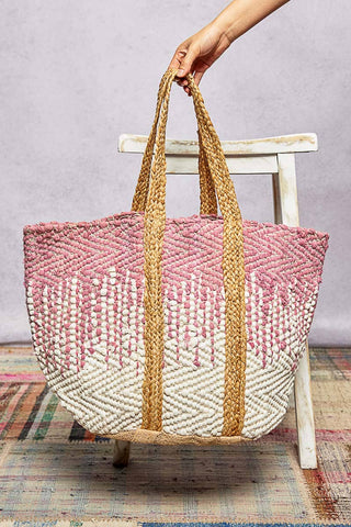 Cotton Dotted Woven Boho Tote Bag in Pink