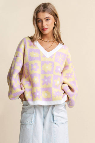 Floral Checkered Knit V Neck Sweater
