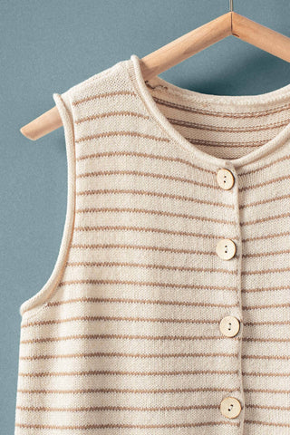 Striped Button Down Knit Vest in Khaki