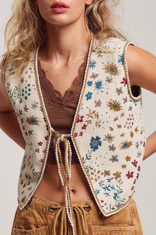 Floral Tapestry Tie-Front Boho Vest
