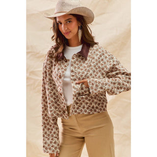 Floral Cropped Jacket With Corduroy Collar