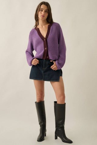 Ribbed Knit Contrast Cardigan Sweater in Aubergine
