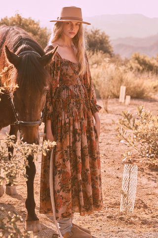 Floral Smocked Maxi Dress in Sand