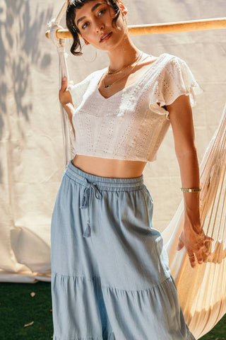Chambray Tiered Wide Leg Pants in Light Blue