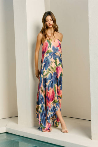 Pleated Maxi Dress in Lapis Bloom