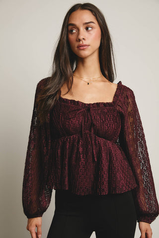 Pleated Lace Peplum Blouse in Burgundy