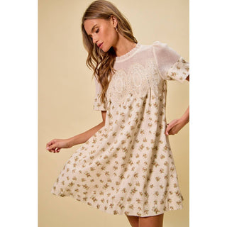 Floral Lace Mini Dress in Beige