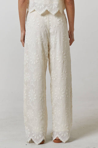Natural Floral Embroidery Wide Leg Trouser Pants