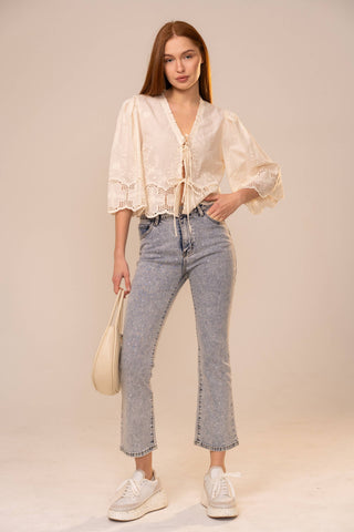 Puff Sleeve Eyelet Blouse in Ivory