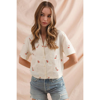 Floral Embroidered Button Down in Cream