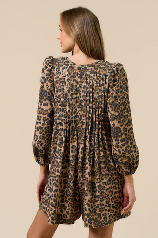 Pleated Long Sleeve Leopard Romper