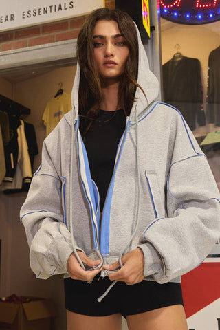 Contrast Seaming Hooded Zip-Up