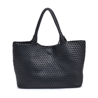 Solana Woven Vegan Leather Tote in Black