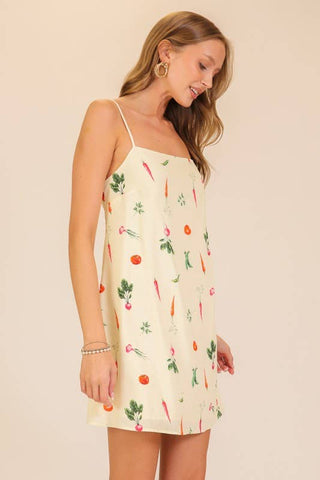 Veggie Print Lace-Back Mini Dress