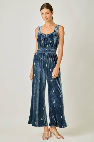 Embroidered Velvet Jumpsuit in Steel Blue