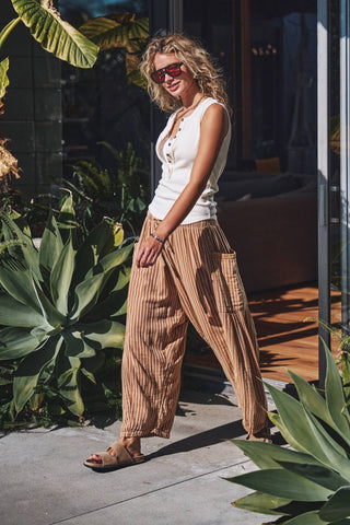 Striped Drawstring Harem Pants in Taupe