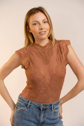 Mesh & Lace Bodysuit in Terra Cotta