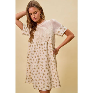 Floral Lace Mini Dress in Beige