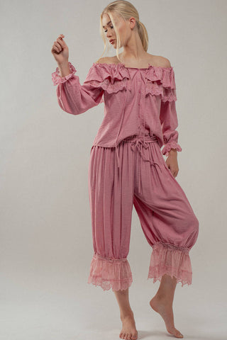 Lace-Trimmed Cropped Bloomer Pants in Pink