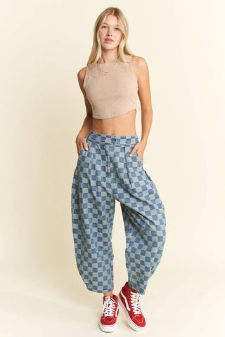 Checkered Barrel Pants in Denim