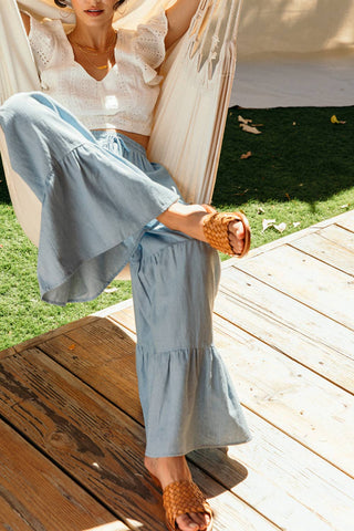 Chambray Tiered Wide Leg Pants in Light Blue