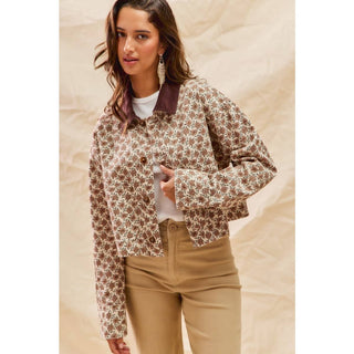 Floral Cropped Jacket With Corduroy Collar