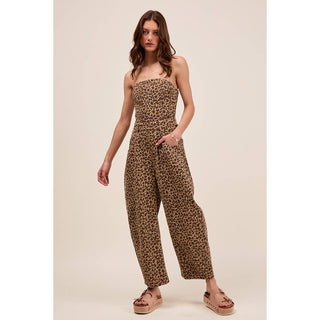 Leopard Denim Strapless Jumpsuit