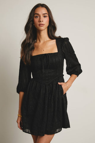 Lace Puff Sleeve Mini Dress in Black