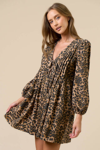 Pleated Long Sleeve Leopard Romper