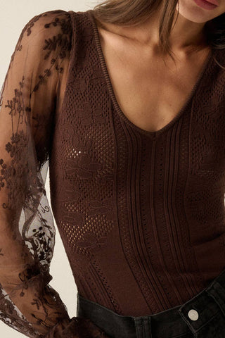 Bubble-Sleeve Bodysuit in Deep Brown