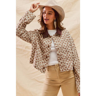 Floral Cropped Jacket With Corduroy Collar