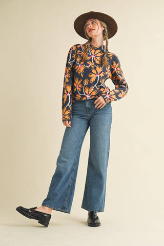 Floral Mock Neck Sweater in Navy