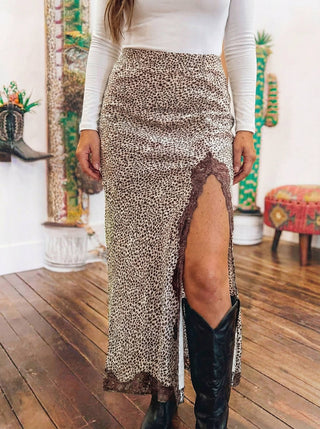 Ruched High-Waist Lace Slit Skirt