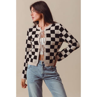 Checkered Knitted Cardigan in Oatmeal
