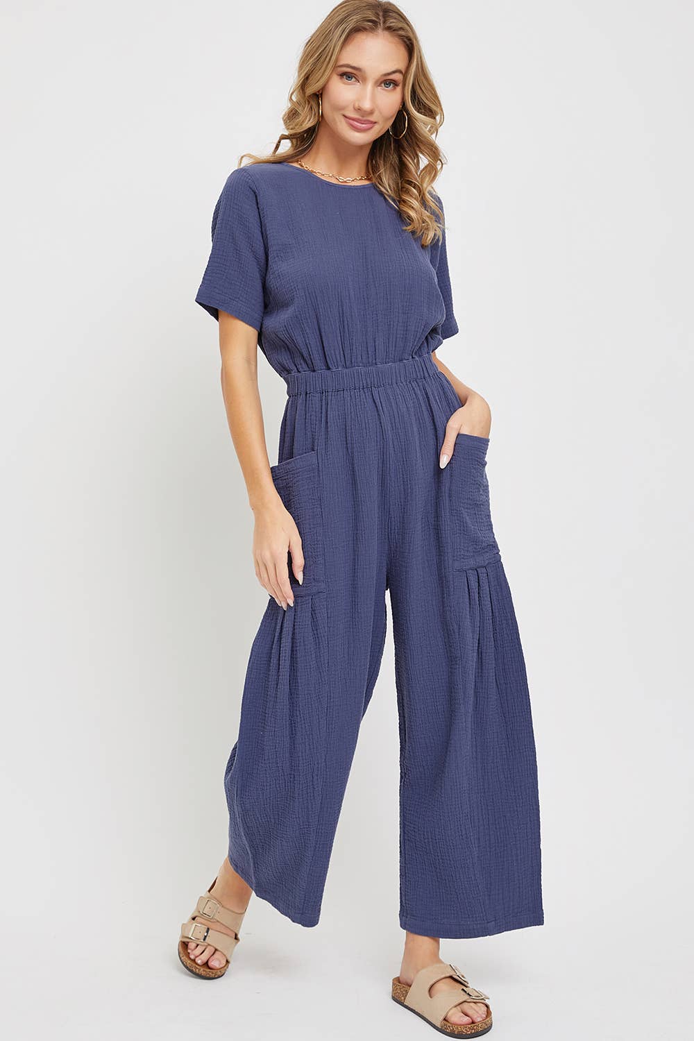 One Piece Cotton Gauze Wide Leg Jumpsuit in Indigo
