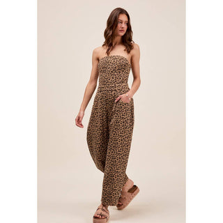 Leopard Denim Strapless Jumpsuit