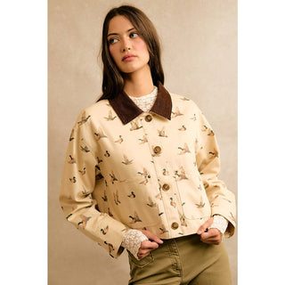 Mallard Duck Print Corduroy-Collar Jacket
