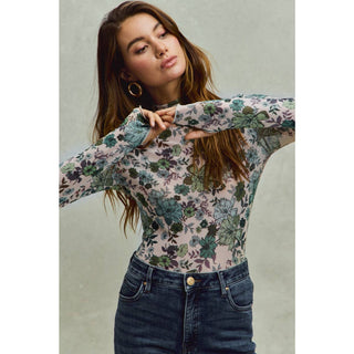Floral Print Mesh Long Sleeve