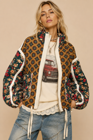 Quilted Bomber Jacket in Mustard Brown
