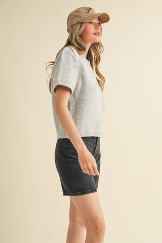 Puff Short Sleeve Cardigan Sweater in Grey