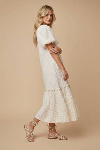 Alcott Textured Puff-Sleeve Midi Dress in Butter Cream
