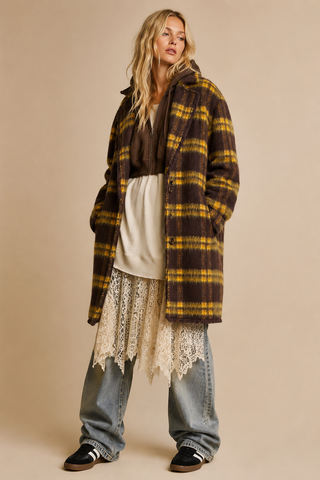 Oversized Plaid Fuzzy Knit Coat