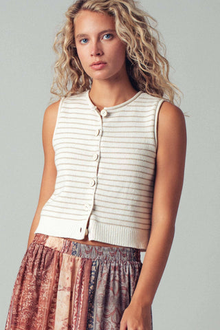 Striped Button Down Knit Vest in Khaki