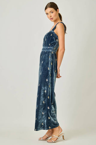 Embroidered Velvet Jumpsuit in Steel Blue